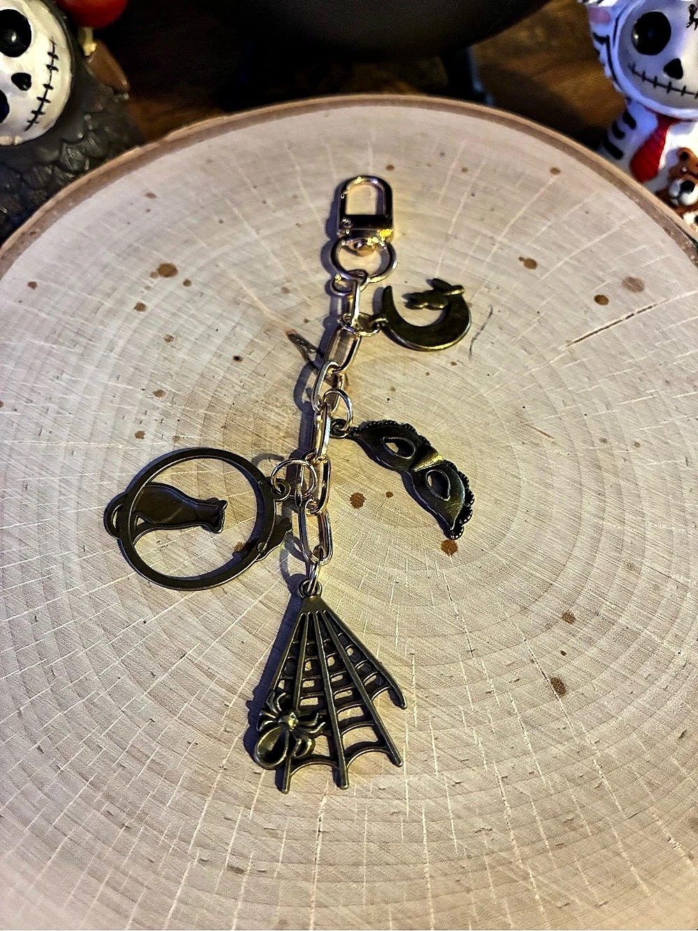 Cat Mask Spider Web and Moon Charm Keychain in Black & Gold  New